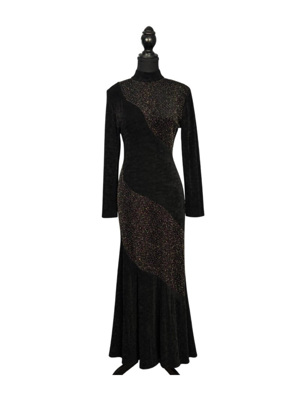Vintage 90s Black Slinky Maxi Dress, Shimmer Glam Dress, Long Sleeve Evening
